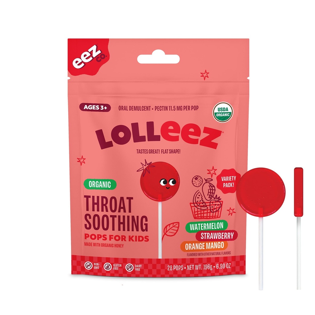 Lolleez Organic Lollipops for Kids Sore Throat Relief, Variety Pack Perfetto per lenire Un Sore Throat Mentre Degustazione Grande, Fragola, Watermelon & Orange Mango, 28 Conte