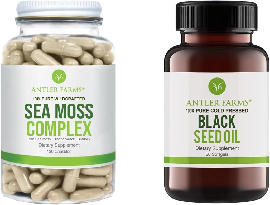 Geweihfarmen – 100% reines Meer Moss Complex & Black Seed Oil Bundle, Wildcrafted Irish Sea Moss & Türkisch Schwarz Cumin Nigella Sativa Seed Oil