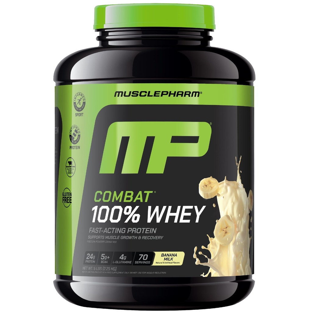 MusclePharm Combat 100% poudre de protéines de lactosérum, saveur de lait de banane, récupération rapide et gain musculaire avec l'isolat de protéines de lactosérum, poudre de protéines haute pour les femmes et les hommes, sans gluten, 5 lb, 70 portions