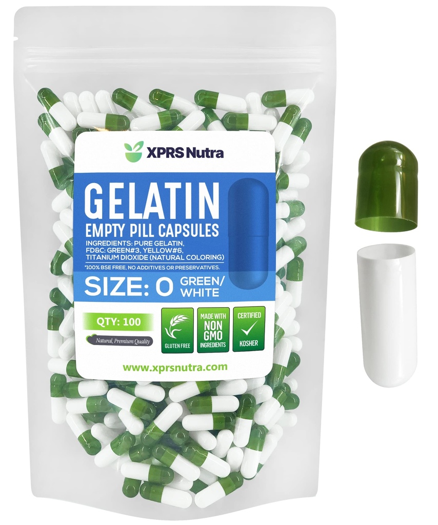 XPRS Nutra Size 0 Capsule Vuote - 100 Count Empty Gelatin Capsule - Pillole DIY Capsule Filling - Pure Bovine Pill Gel Caps per Do-It-Yourself Supplements (Green/White)
