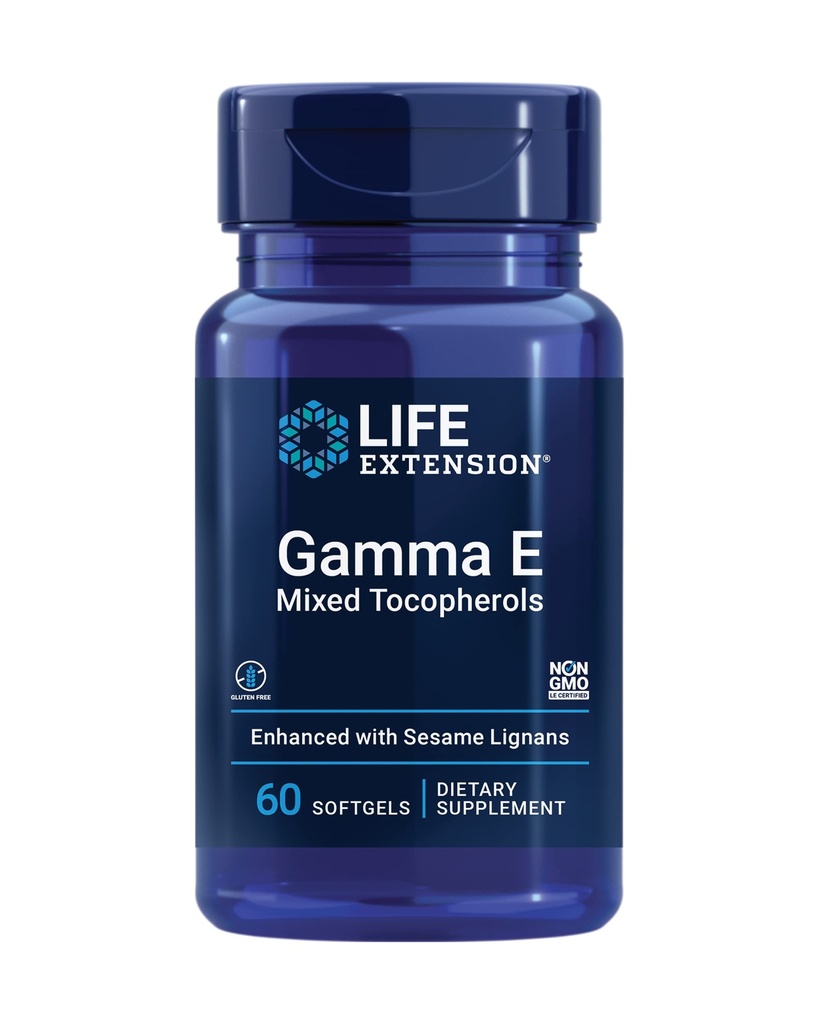 Estensione della vita Gamma E Tocoferoli misti, Invecchiamento sano, Integratore di vitamina E, Migliorato con sesamo lignans, Senza glutine, Non OGM, 60 softgels