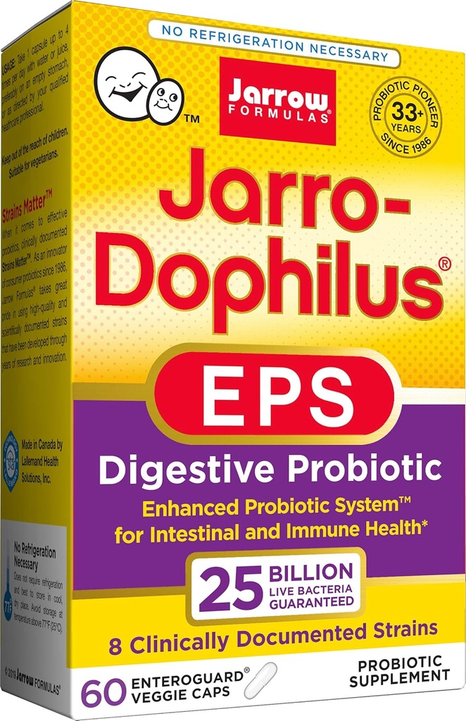 Jarrow Formulas Jarro-Dophilus EPS ad alta potenza, 25 miliardi di celle per capsule vegetali, Supporta la salute gastointestinale, 60 conte (Cool Ship, Pack of 2)