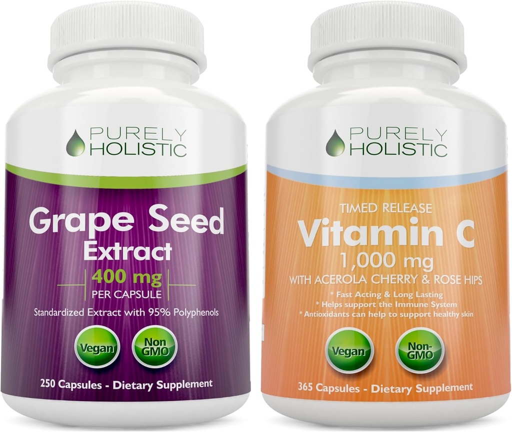 Purely Holistic Grape Seed Extract 400mg + Vitamin C 1000mg Time Release Bundle - 615 Vegan Kapseln - Made in USA