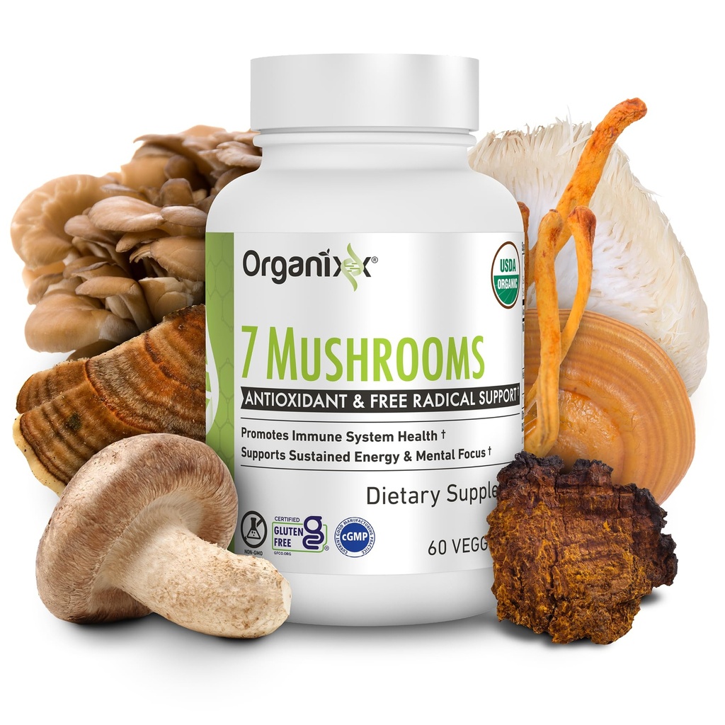 Organixx Supplément de champignons biologiques USDA, 7 champignons fermentés – Lions Mane, Shiitake, Cordyceps, Turkey Tail, Reishi – pour Immune & support de digestion, 60 capsules végétariennes
