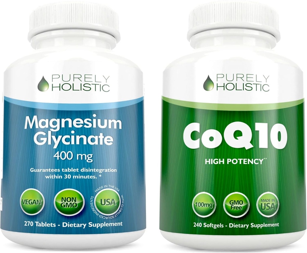 Magnesio Glycinate 400mg + CoQ10 100mg con olio di oliva biologico Bundle - 270 compresse & 240 Softgels