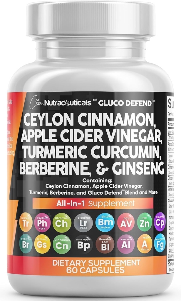 Saubere Nutraceuticals Ceylon Cinnamon Capsules + Berberine Turmeric Apple Cider Essig Ginseng Bitter Melon Gymnema Milk Thistle Fenugreek Ergänzung Pillen Pulver für Männer & Frauen