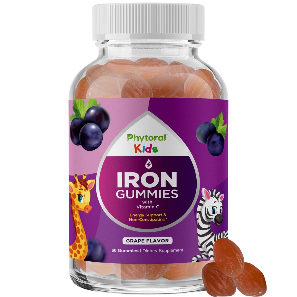 Gommies de fer pour enfants avec vitamine C - Suppléments de fer pour les enfants avec douceur pour une immunité et un soutien énergétique plus forts - Vitamine B6, B12, A, Niacine et Gommies de folate - Vegan & OGM - 60 Compte