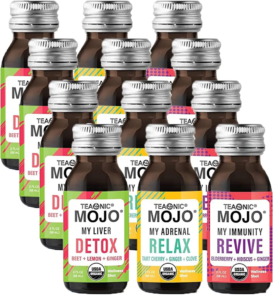 TEAONIC Wellness Shots - Varietà Confezione: Rilassante, Revive, Detox Shots, USDA-Certified Organic Wellness Shots, 12 Pack, 2 Fl. Oz