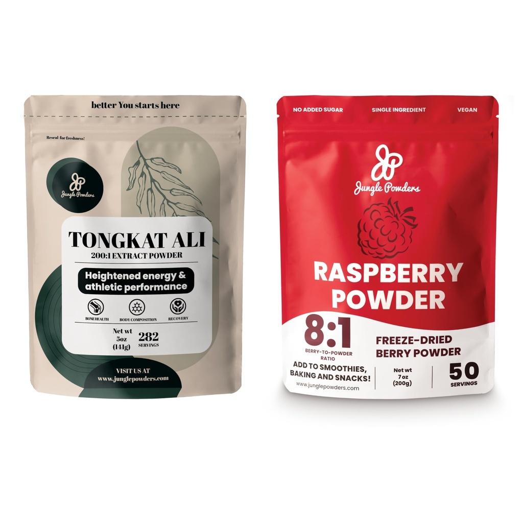 Dschungel-Pulver Premium 5oz Tongkat Ali & Freeze-Dried 7oz Raspberry Bundle - Eurycoma Longifolia Pulver-Ergänzung für Männer-Gesundheit Unterstützung gepaart mit Unsweetened Red Superfood-Extrakt für Backen