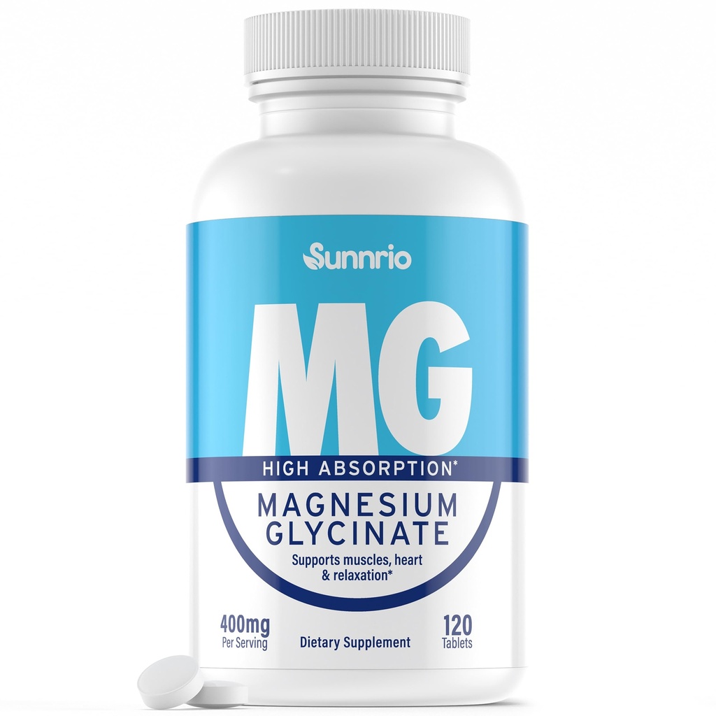 Supplément de glycinate de magnésium - 400mg par portion - Absorption élevée, soutient les muscles, la santé cardiaque, le sommeil et la relaxation* - Non-OGM, sans gluten, végan-friendly - 120 comprimés