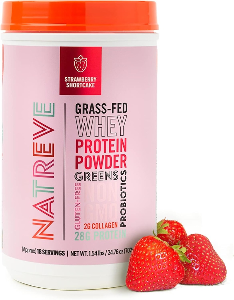 Natreve Whey Protein Powder - 28g Grass-Fed Whey Protein con aminoacidi, Probiotici & Collagen - Gluten Free Strawberry Shortcake, 18 Serve