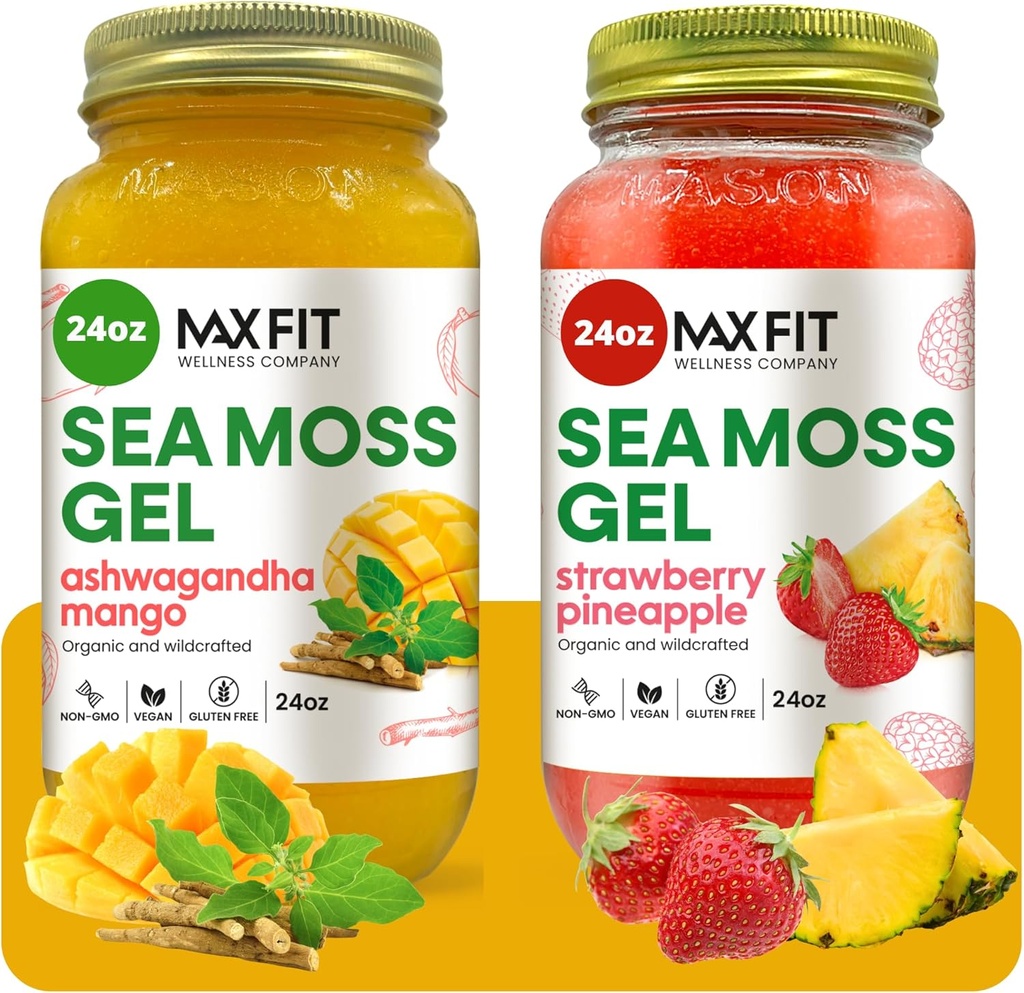 Gel Organic Raw (Bundle of 2 Jars 24oz) Ashwagandha Mango e Strawberry Pineapple Wildсrafted Gold Sea Moss Gel | 92 Vitamine e Minerali | Pure Raw+Non-GMO | Superfood Vegan
