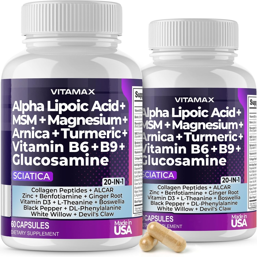 Sciatica Nerve Health Support - Sciatic Nerve Supplement Kapseln mit Folsäure, Pea, Glucosamin, MSM, Vitamin B Complex, Alpha Lipoic Acid 300mg - Made in USA (60 Count (Pack von 2))