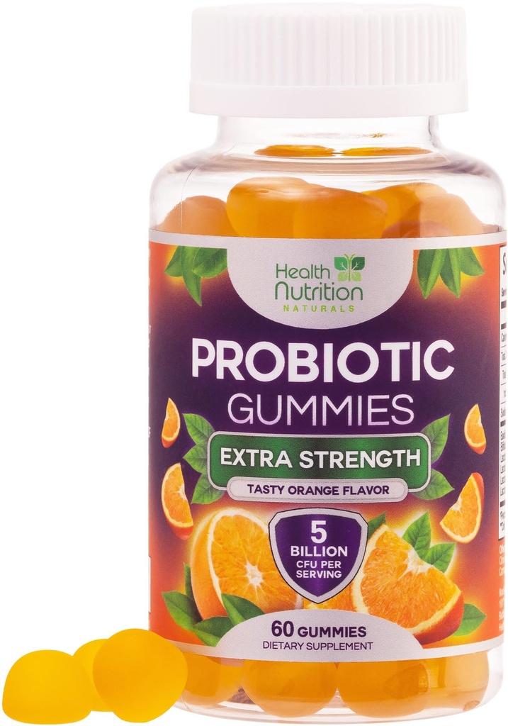 Gummies probiotiques 5 Million CFU - Différentes souches probiotiques pour la santé digestive et le soutien de gummy pour les femmes, les hommes et les enfants, Supplément probiotique quotidien pour le soutien immunitaire, non-OGM, végétalien, 60 Gummies