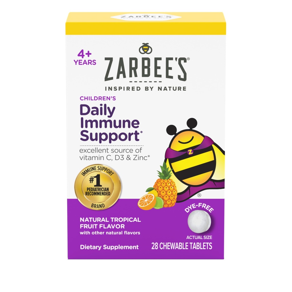 Supporto immunitario dei bambini di Zarbee, Vitamina C, D & Zinco Vitamine giornaliere per i bambini 4+ anni, Natural Tropical Fruit Flavor, 28 compresse masticabili