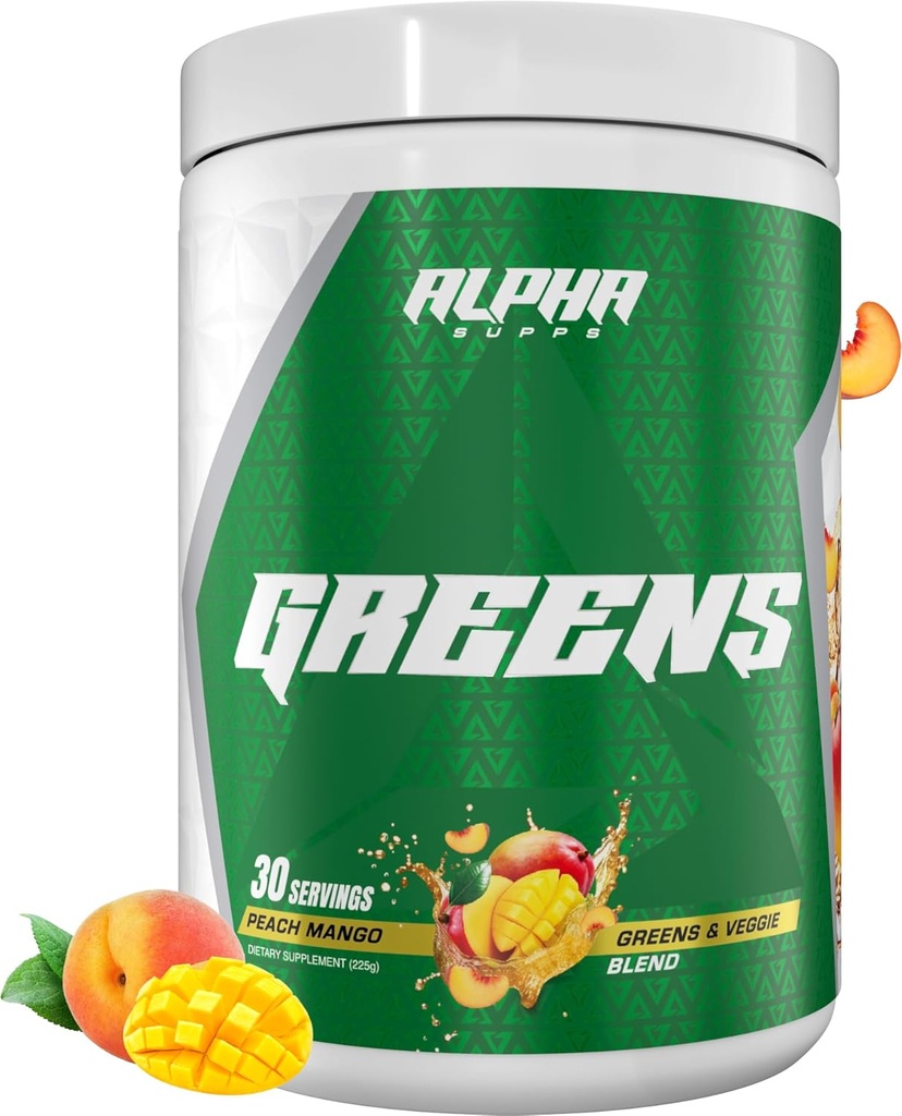 Alpha Supps - Alpha Greens Supplement | Obst & Gemüse Superfood Pulver | Über 40 Natürliche pflanzliche Inhaltsstoffe | Prebiotic & Probiotic Digestive Support Blend - 30 Portionen (Peach Mango)