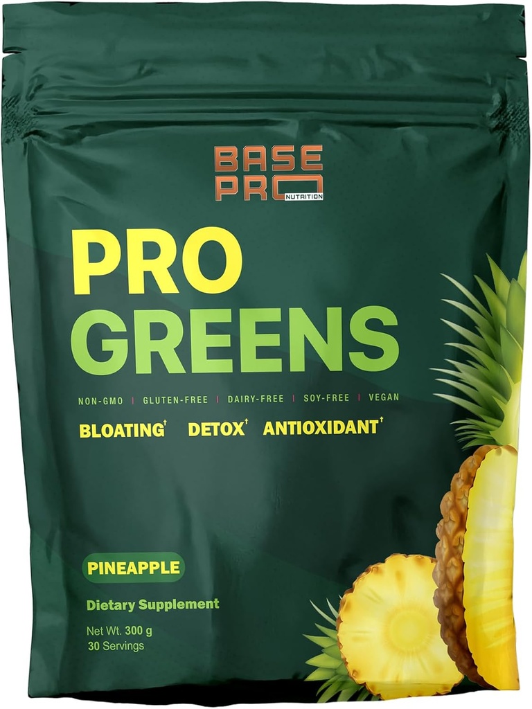 Pro Greens Powder – Ananas Flavor | Vegan Daily Greens Supplement | Detox, Digestivo & Immune Support | Non-GMO, Antiossidanti | 300g (30 Serve)