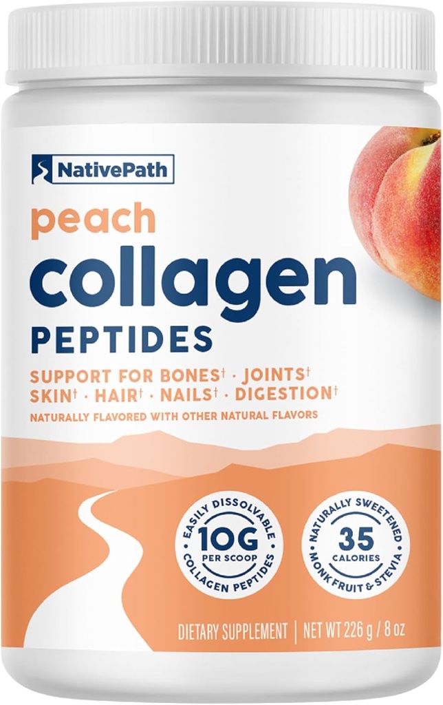 NativePath Collagen Peptide - hydrolysiert Typ 1 & 3 Kollagen. Keto & Paleo Grass-Fed Protein Pulver für Haare, Haut, Nägel, Knochen, Gelenke, Verdauung und mehr - keine Gluten oder Dairy (Peach, 226g)