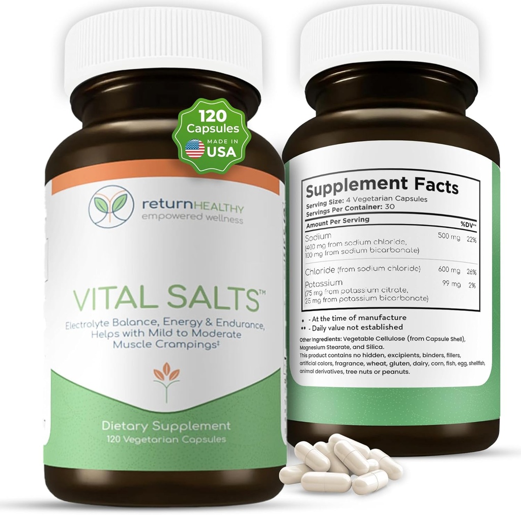 Sali vitali, sali elettroliti per energia e resistenza, cloruro di sodio, integratori di elettrolita, supplemento di supporto della pressione sanguigna, polmone muscolare, 120 capsule di sale - ritorno sano