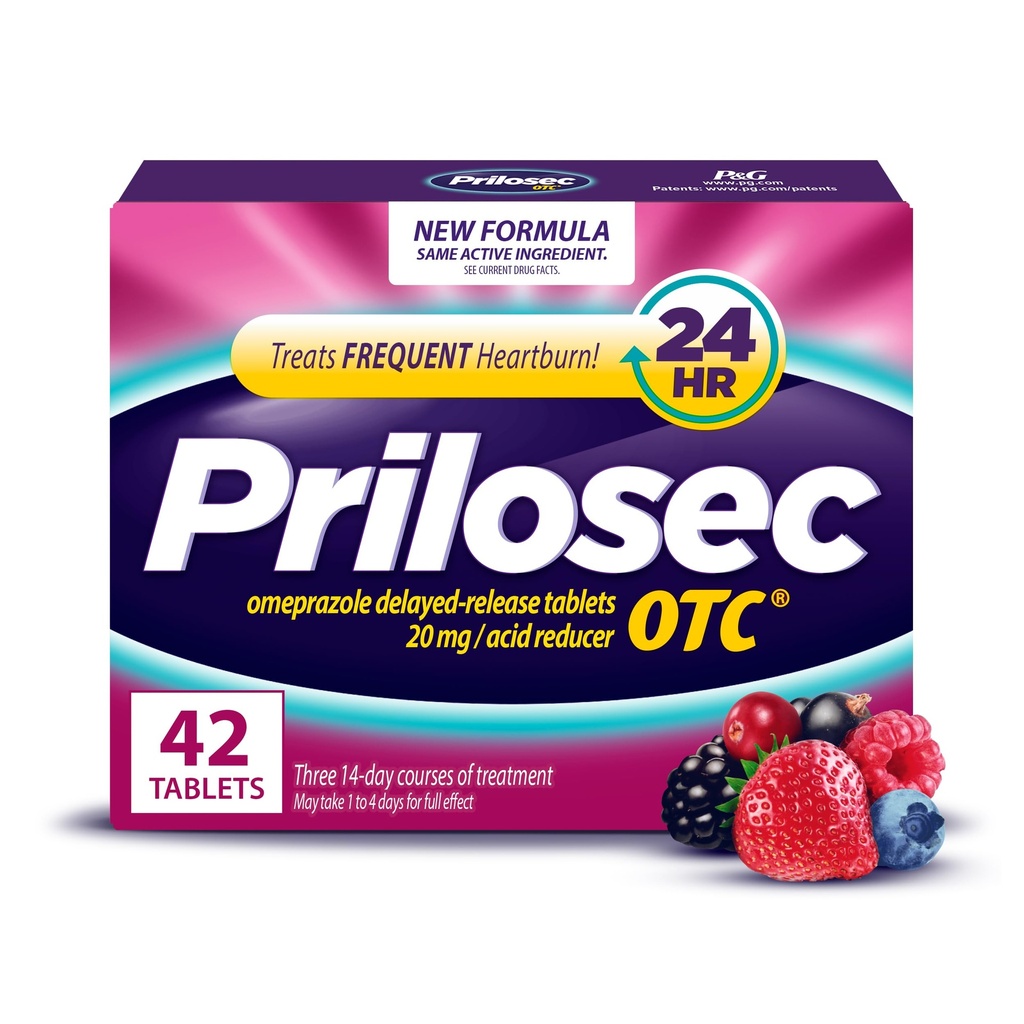 Prilosec OTC, Omeprazol Delayed Release 20mg, Säure Reducer, Treats Frequent Sodbrennen für 24 Hour Relief, All Day, All Night*, Heartburn Medicine, 20mg, Wildberry Flavor, 42 Tabletten