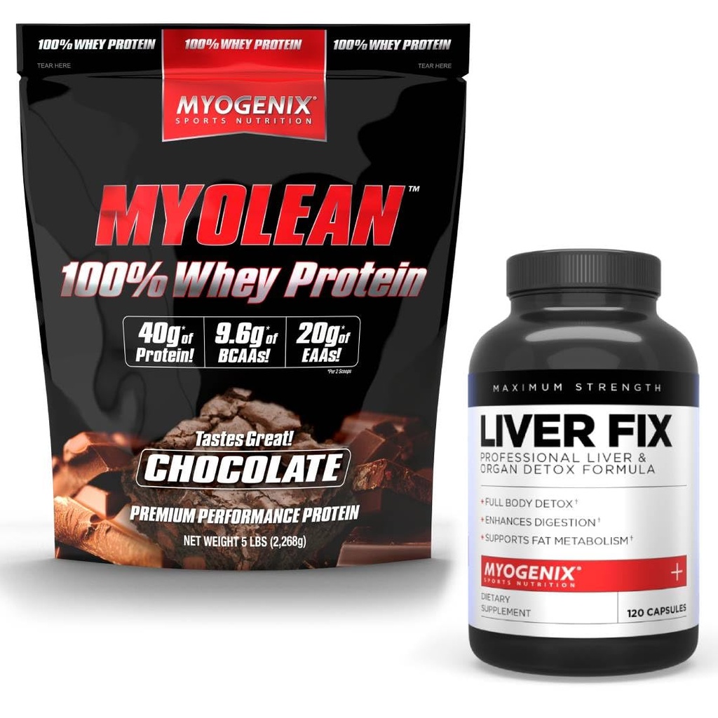 Supplément de soutien au foie Myogenix et protéines de lactosérum au chocolat Myoléen – Santé du foie avancé et rétablissement musculaire avec 40g dectosérum à haute protéine – Détox de soutien, croissance et performance