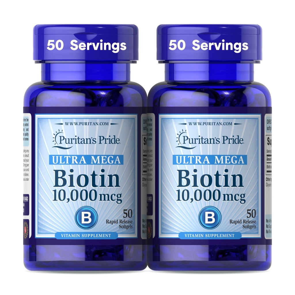 Puritan's Pride Premium Ultra Mega Biotin 10.000 mcg, Nahrungsergänzungsmittel für gesundes Haar, Haut, Nägel und Energiestoffwechsel Unterstützung, 100 Tage Versorgung, 50 Rapid Release Softgels, 2 Packung