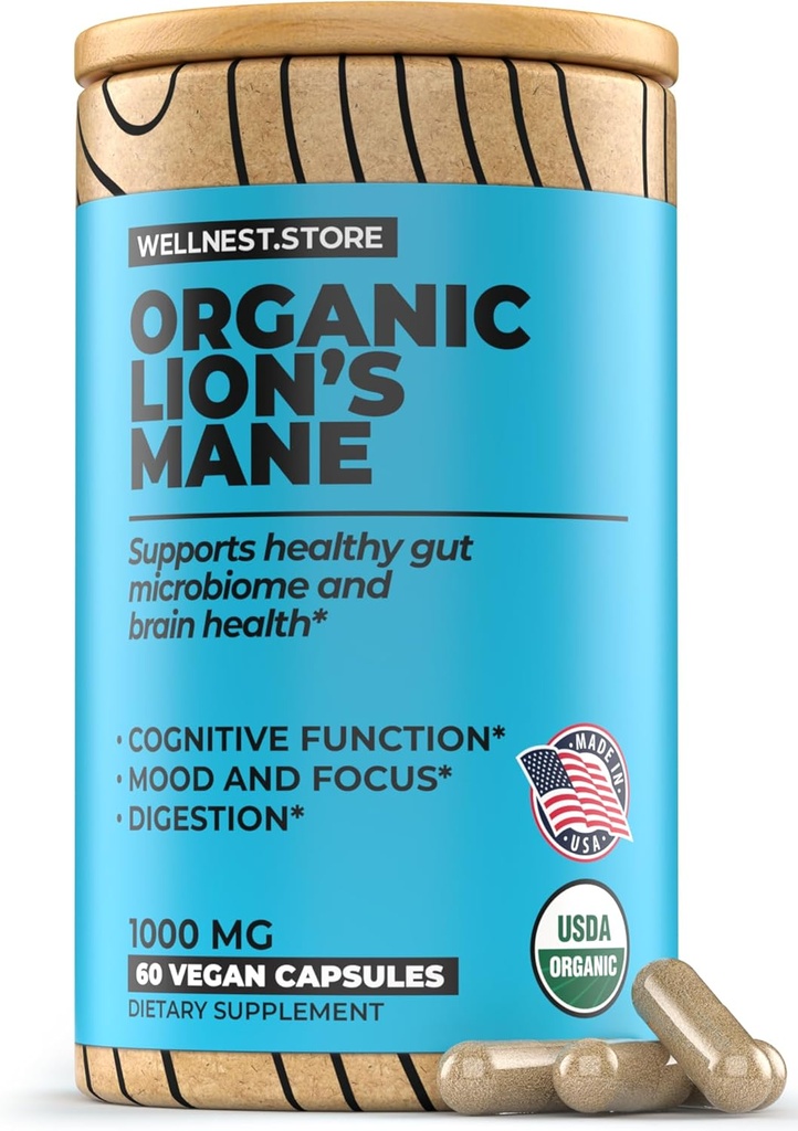 Lions Mane Mushroom Organic Supplement (Hericium Extract) 60 Veggie Caps - Immununterstützungsergänzung; Verbesserung der kognitiven Funktion + Förderung der Vitalität, Schützen von Nervenzellen