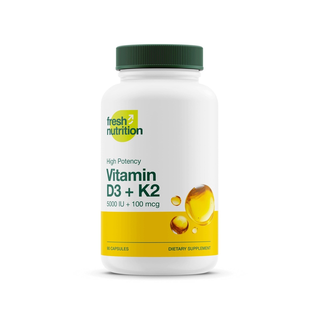 Frische Ernährung Vegan Vitamin D3 + K2 Kapseln - 5000 IU D3 + 100mcg K2 als MK-7 für optimale Absorption - Immune Gesundheit, Knochengesundheit, Stimmung - Nicht GMO - 90 Kapseln, 3 Monate Versorgung