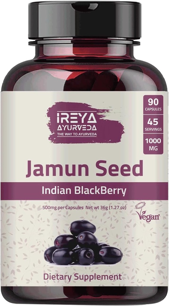 Jamun Seed 1000mg (90 capsule) - Blackberry indiano (Eugenia Jambolana) Ayurvedic Herb, 45-Day Supply