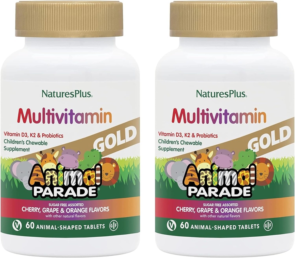 NaturesPlus Tier Parade Gold Kinder Multivitamin - Verschiedene Kirsche, Orange & Trauben Flavors - 60 Kautabletten, Paket von 2 - Vegetarisch, Glutenfrei - 60 Gesamt Servierungen