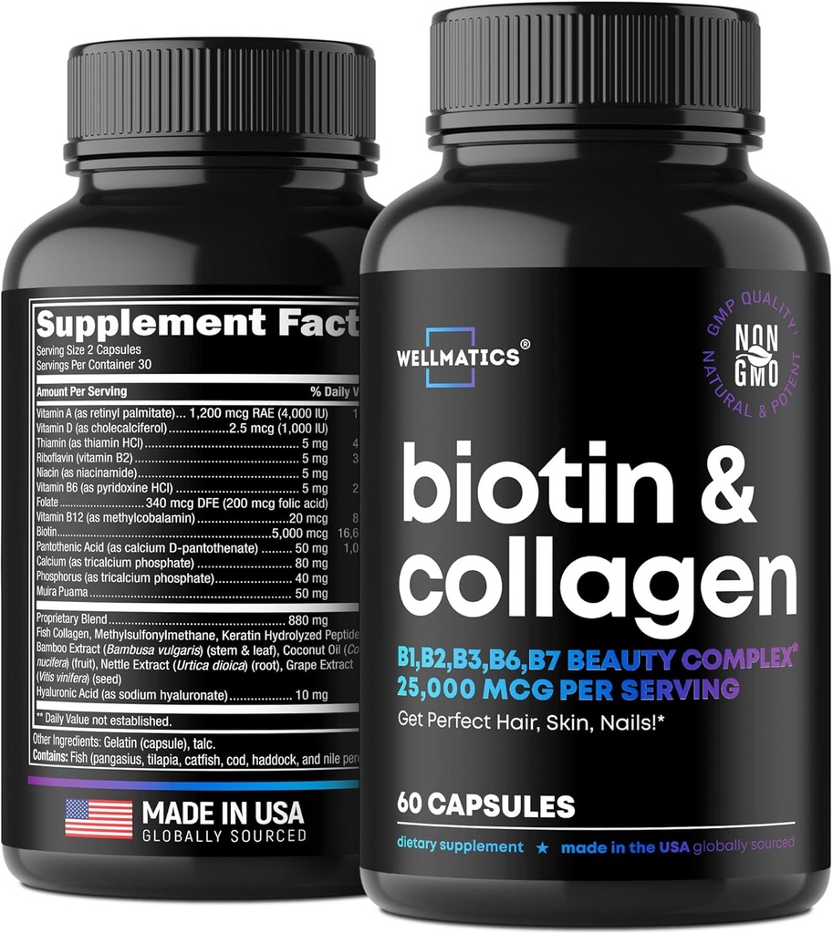 Biotin und Kollagen Ergänzungen - Haarwachstum Vitamine - Made in USA - Haar und Nägel Vitamine für Frauen - Biotin Vitamine für Haar Haut und Nägel - Vitamin B Complex - Hyaluronsäure - 60 Caps