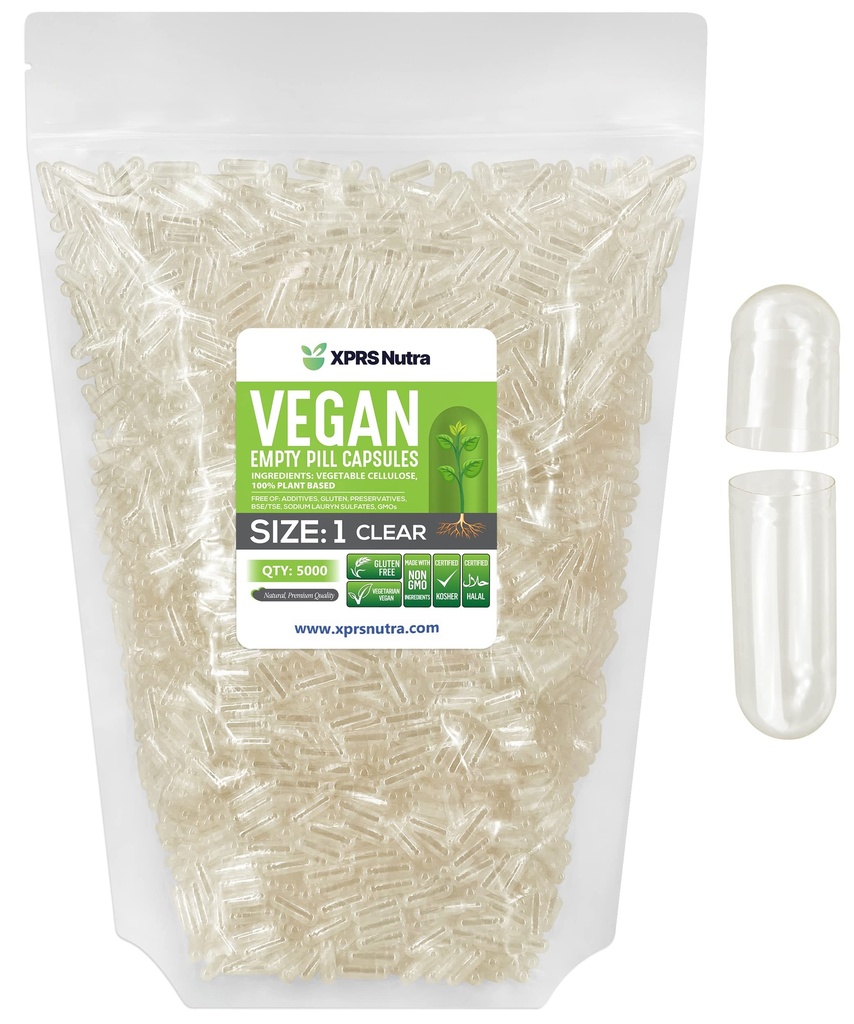 XPRS Nutra Größe 1 Leere Kapseln - 5000 Graf Klare leere vegane Kapseln - Vegetarische Pillen - DIY Gemüse Kapsel Füllung- Veggie Pillen Kapseln für Do-It-Yourself Ergänzungen
