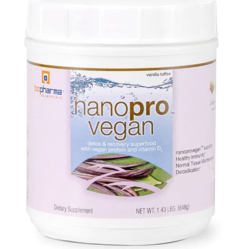 Biopharma Scientific Nanopro Vegan: Poudre de Protéine Vegan pour l'Immune Soutien et récupération d'exercice avec mélange de protéines de pois, Ashwagandha et Vegan D3, Vanilla Toffee Flavor, 30 portions