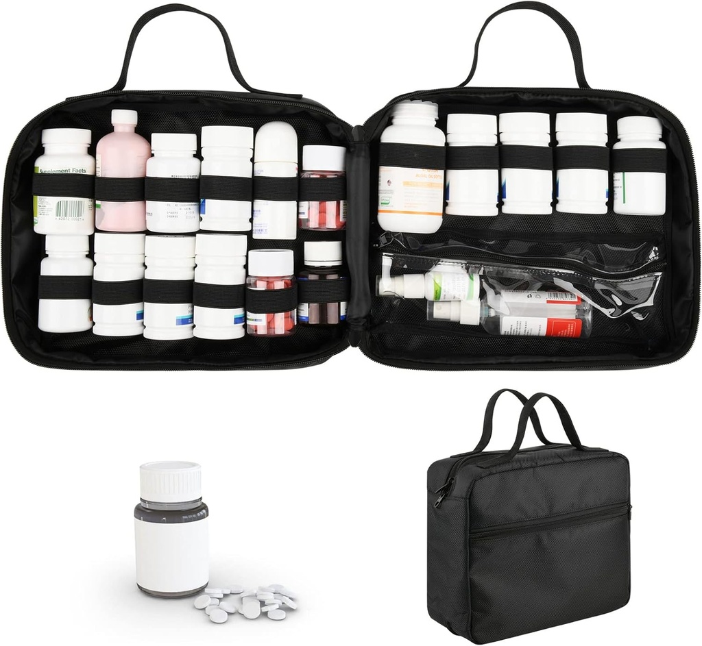 Beautyflier Sac de voyage en médicaments, Sac de médecine pour voyager, Organisateur de bouteilles de pilules et d'entreposage, Porte-boîtes de vitamines pour bouteilles de médecine ou suppléments, pour la maison et le voyage