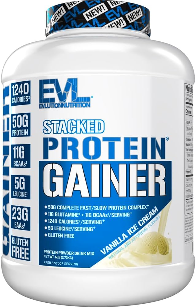 Evlution Nutrition Stacked Protein Gainer, 50 Grams Whey Protein Powder Complex, 251 Grams Kohlenhydrate, Build Muscle, Recovery, Post Workout, Gluten-Free (Vanilla Ice Cream, 6 LB)