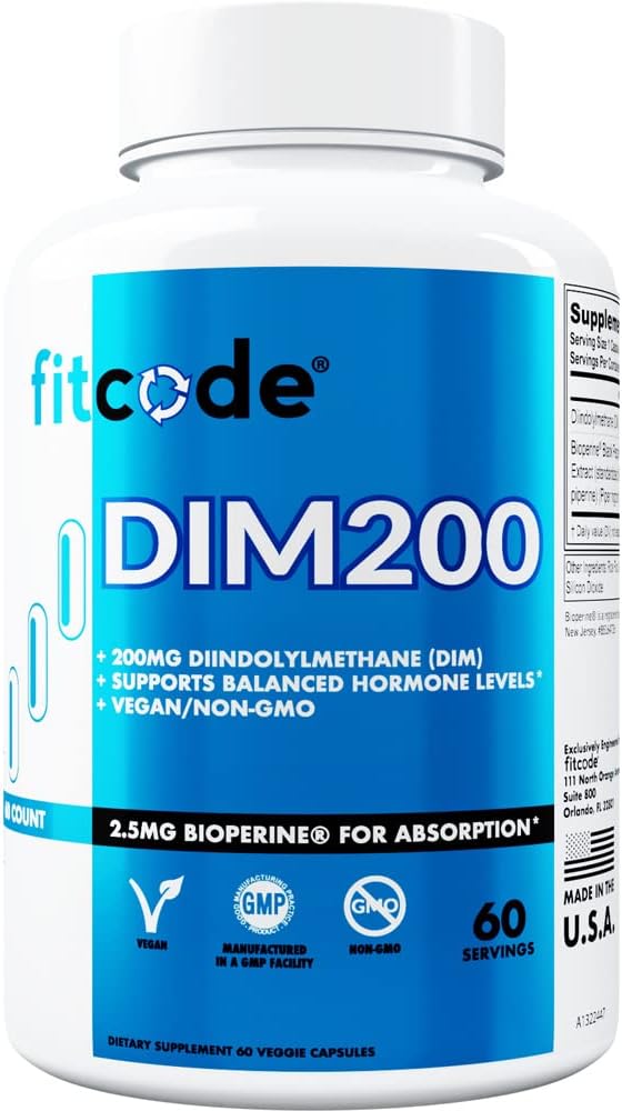Fitcode Diindolylmethan DIM Ergänzung für Männer - Advanced Dim 200mg mit Dim plus Bioperine für verbesserte Absorption - Vegan Non-GMO Hormon Balance Supplement für verbesserte Energie Stimmung und Leistung