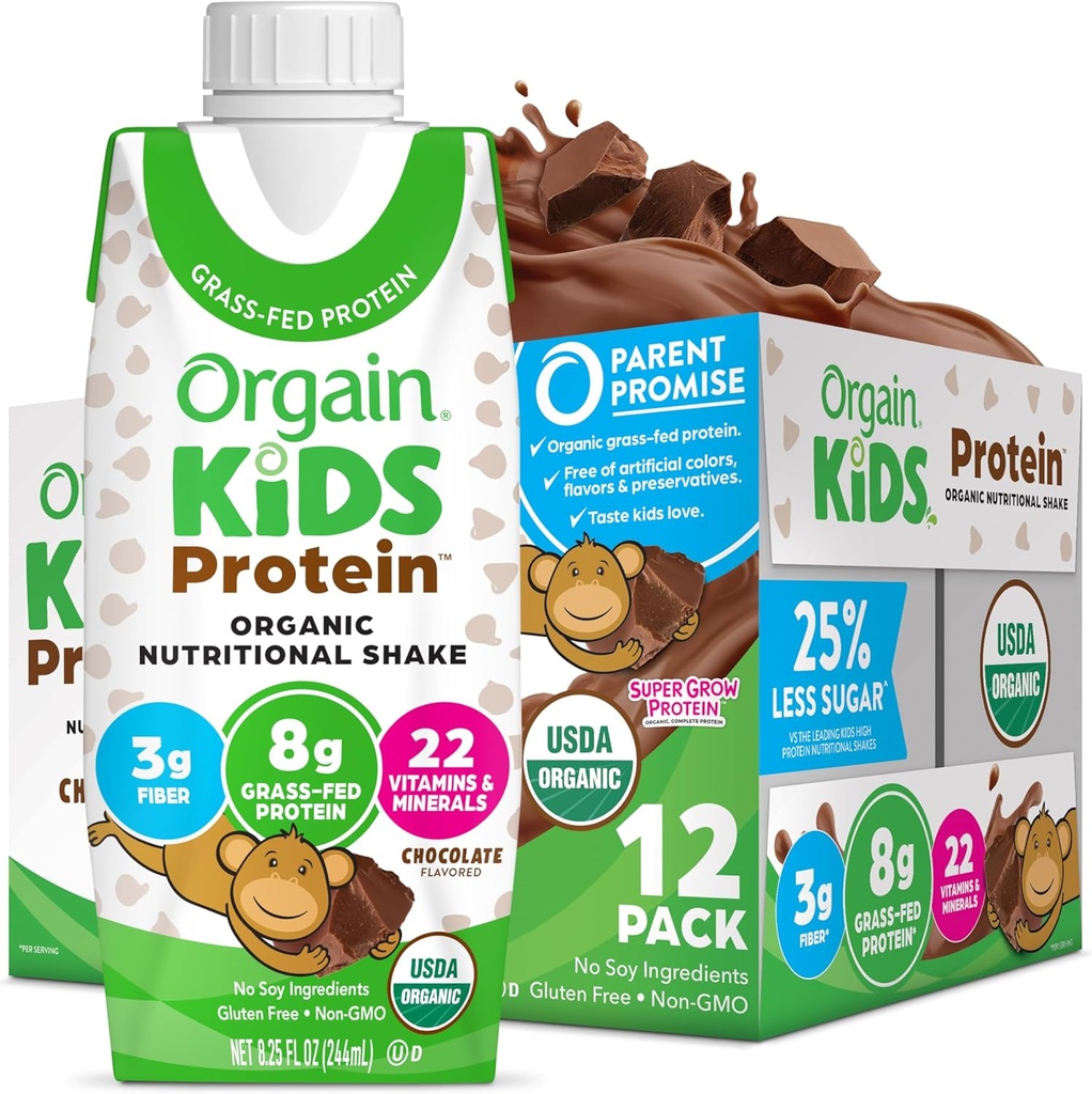 Orgain Organic Kids Protein Nutritional Shake, Cioccolato - 8g di Proteine, 22 Vitamine & Minerali, Frutta & Verdura, Senza Glutine, Soia Libero, Non OGM, 8.25 Fl Oz (Pack of 12)
