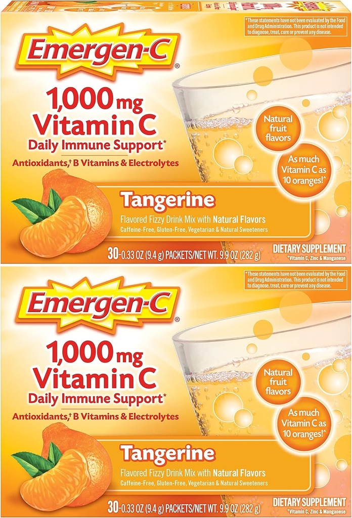 Polvere di vitamina C di Emergen-C 1000mg, con antiossidanti, vitamine e elettroliti B, integratori di vitamina C per il supporto immunitario, miscela di bevanda senza caffeina, aroma di tangerina - 60 conteggio / mese di alimentazione