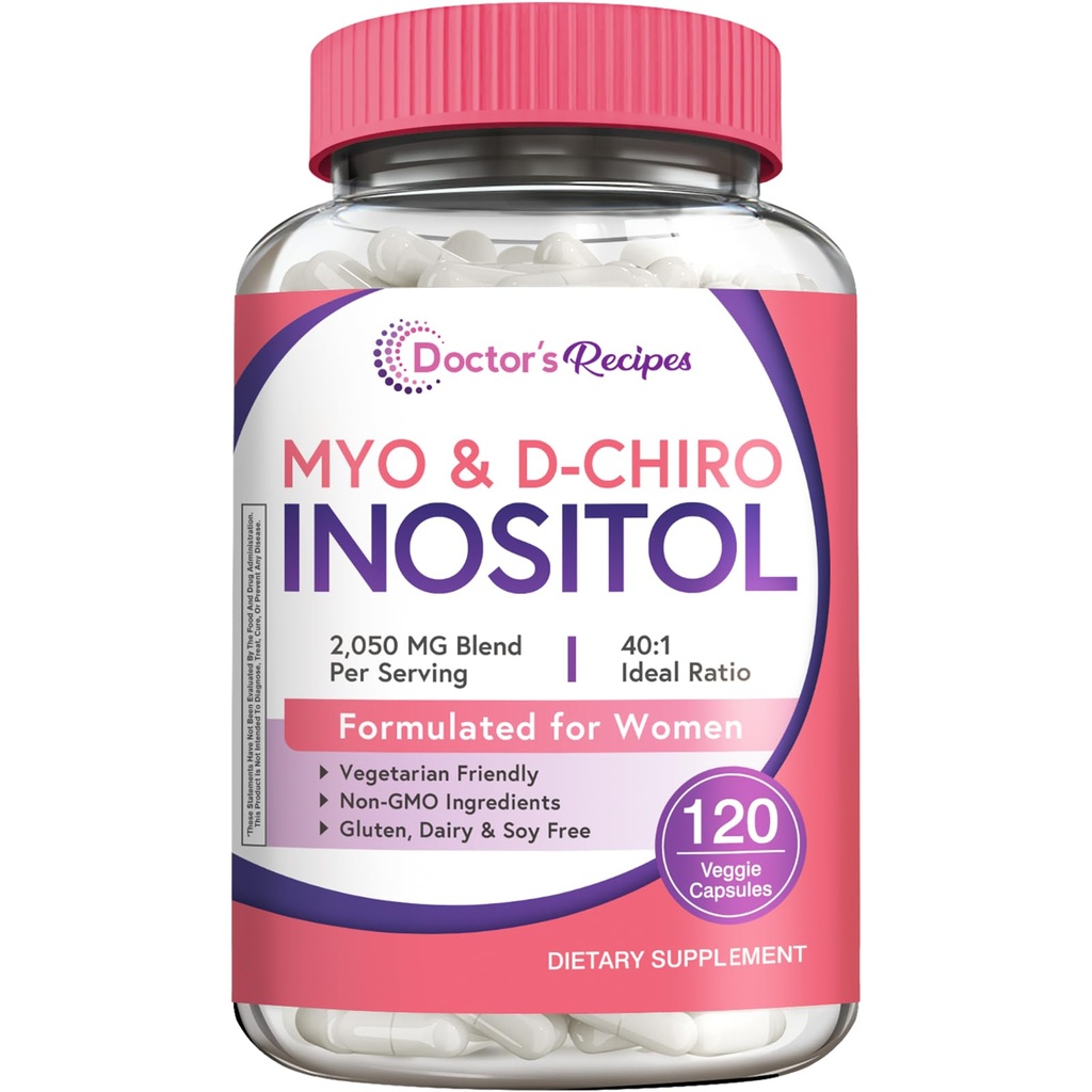 Arzt Rezepte Inositol Supplement, Myo-Inositol & D-Chiro Inositol Kapseln 2050mg pro Servierung, Ideal 40:1 Blend, Hormon Balance für Frauen, Ovarian Funktion & Fertilität Unterstützung, 120 Vegan Caps