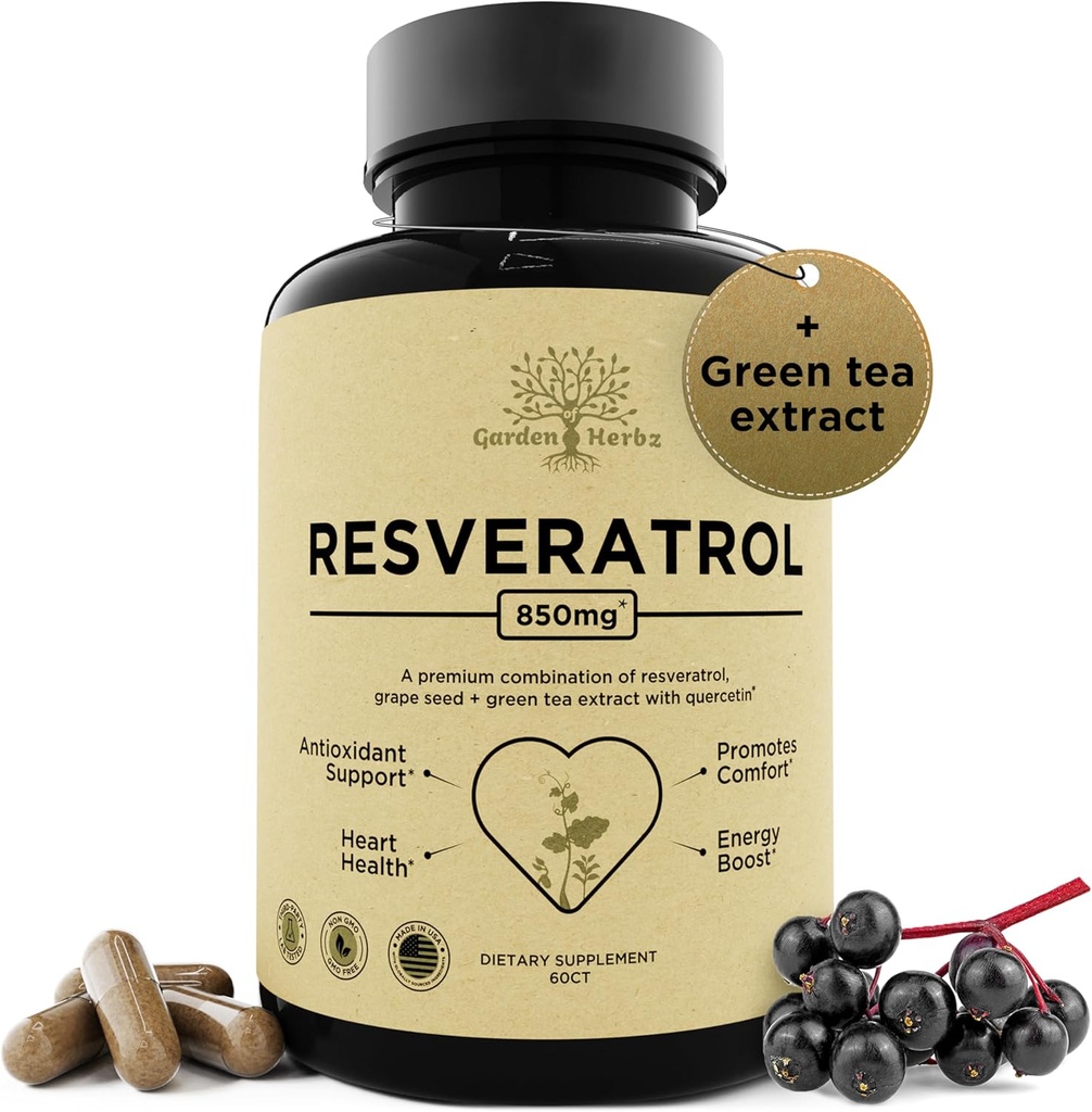 Integratore di resveratrolo con Quercetin & Grape Seed – 850 mg di miscela di erbe, polifenoli ad alta potenza e antiossidanti per il benessere generale, 60 capsule vegane