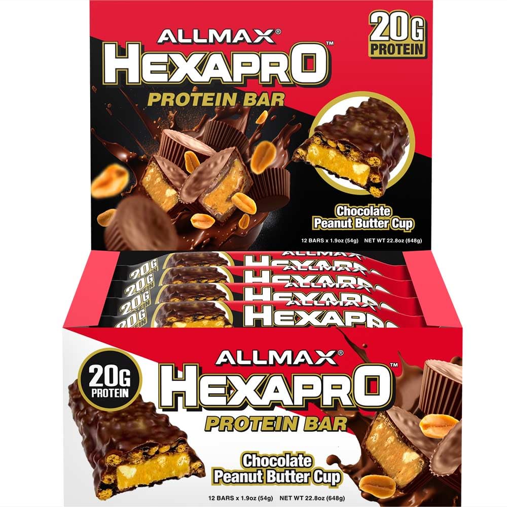 ALLMAX HEXAPRO PROTEIN BAR, Chocolate Peanut Butter Cup - Paket von 12 - High-Protein Energy Snack - 20 g Protein Per Bar - Mit Whey Protein Isolate