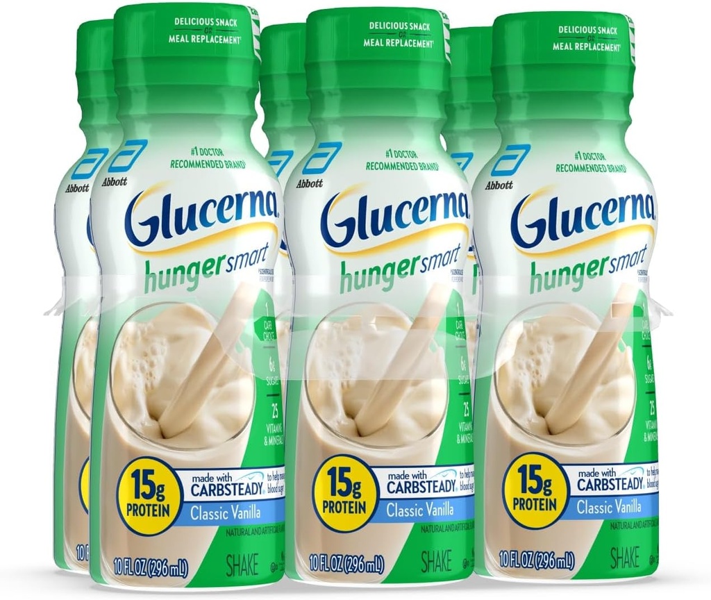 Glucerna Hunger Smart Diabetes Care Shake, Vanille classique, substitut de repas diabétiques pour soutenir la gestion du sucre dans le sang, 15g de protéines, 180 calories, prêt à boire, bouteille de 10-fl-oz, 6 packs