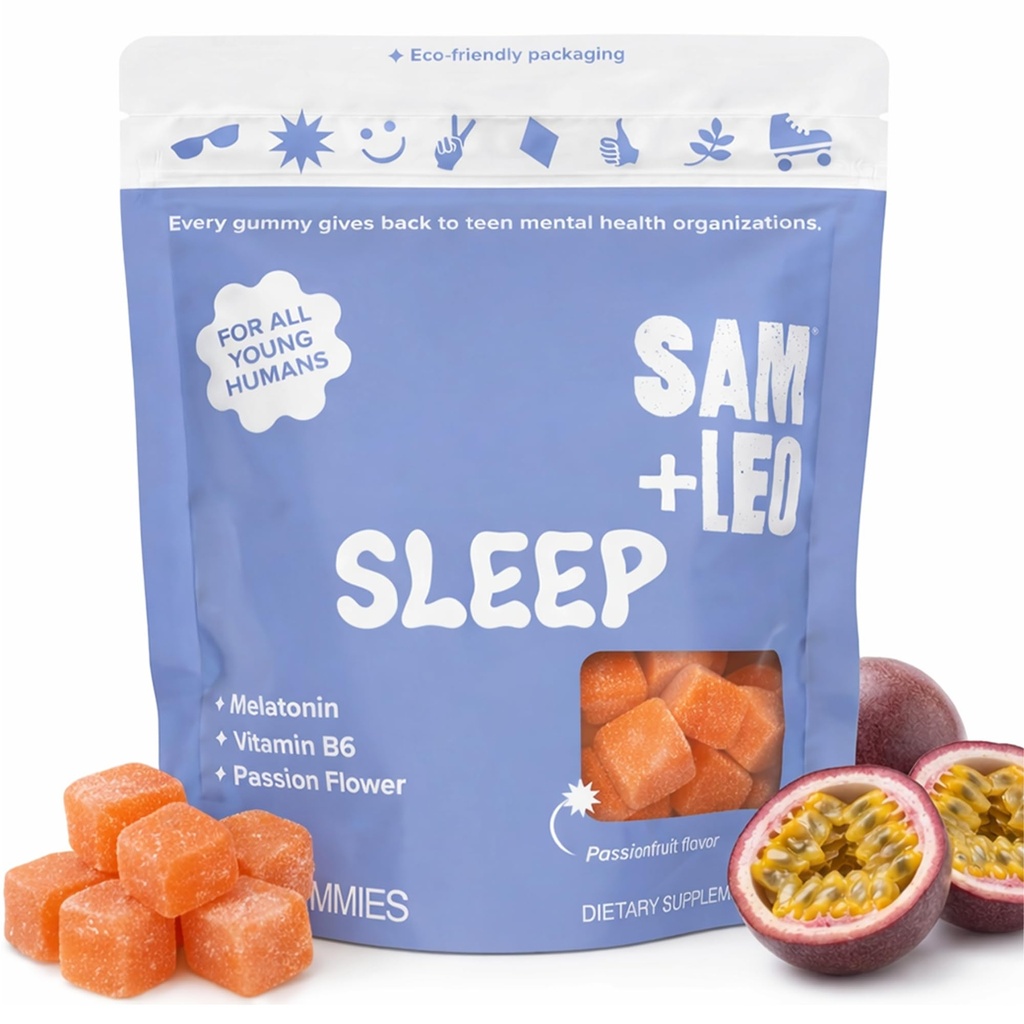SAM+LEO Schlafgummis für Kinder & Jugendliche mit Melatonin, Passion Flower & Vitamin B6 - Sanfte Schlafhilfegummis für restliche Schlaf | Natürlich, Drug Free, Vegan & Gluten frei, Passionsfrucht Flavor (60 ct)