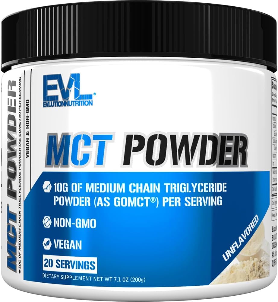 Evluution Nutrition Poudre MCT - Supplément de kéto - Poudre d'huile MCT - 10G Triglycérides à chaîne moyenne - Boire d'énergie cérébrale et corporelle - Supplément d'acide gras - Vegan & Non-OGM - 20 portions - Non aromatisé