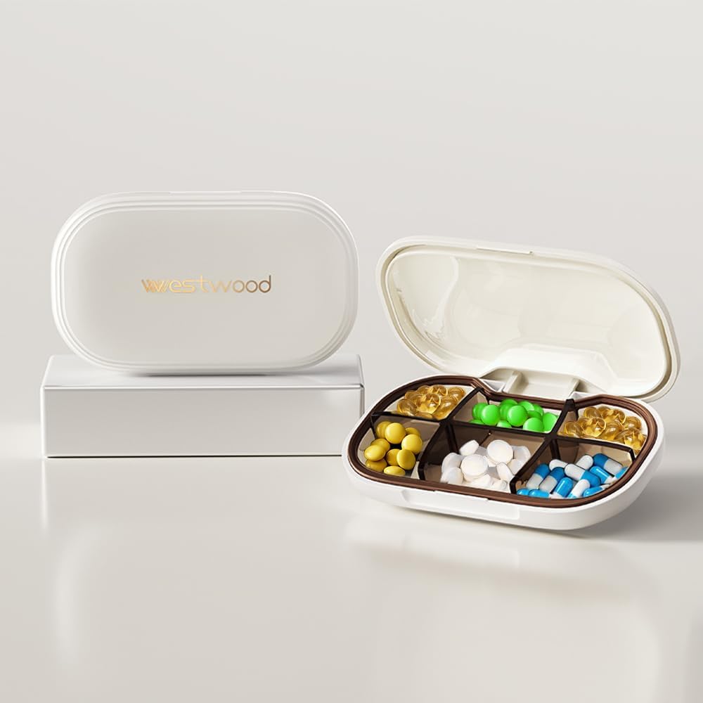 Piccolo caso Pillola con 6 scomparti, Delicato scatola di pillole giornaliere per il borsellino, Pill Organizer Pill Container Pill Holder per vitamine, Fish Oil, Supplementi e farmaci (bianco)