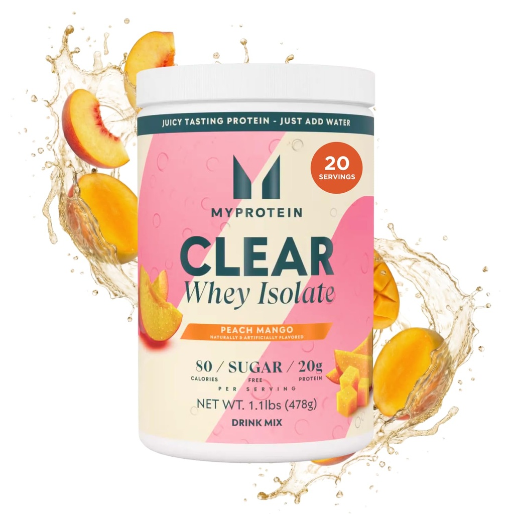 Myprotein Clear Whey Isolate Protein Powder, 1,1 Lb (20 Serve) Peach Mango, 20g Protein per Serving, Miscela Bevanda Naturalmente Aromaed, assunzione giornaliera di proteine per prestazioni superiori