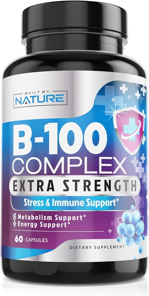 Vitamina B Complex - Tutte le B Vitamine B1, B2, B3, B5, B6, B7, B9, B12, Acido Folico, Vitamina C - Super B-100 Supplemento - Immune, Energy & Metabolism Support, Vegan, Non OGM, Gluten Free, 60 Capsule