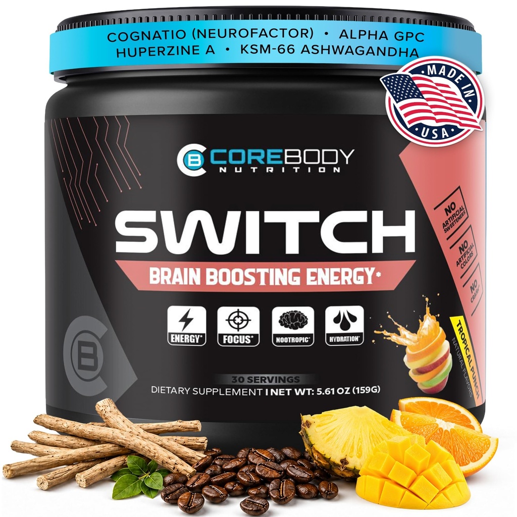 CoreBody Switch Energy Drink Mix - Nootropics Cerveau Supplément pour la mémoire et la focalisation, Sugar Free Energy Booster avec Nootropics, Alpha GPC, All Day Focus* (Tropical Punch)