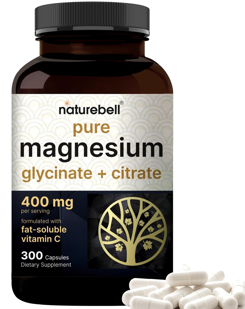 Magnésium complexe 400mg, 300 Capsules, Glycinate, Citrate, Chélaté et Purifié
