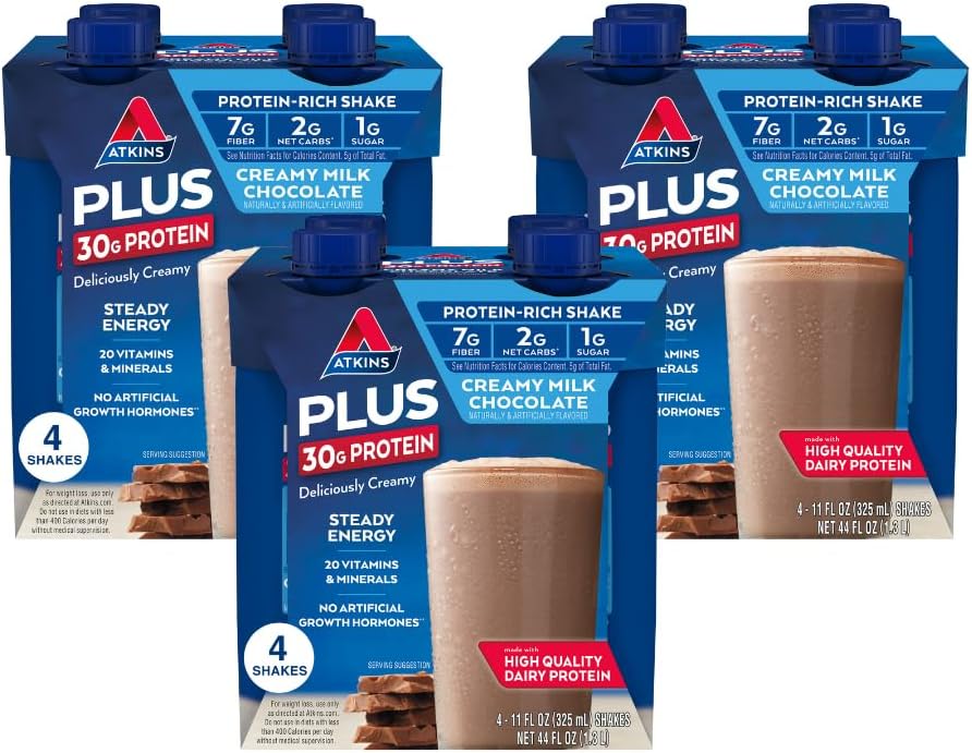 Atkins Creamy Milk Chocolate PLUS Protein Shake, 30g Protein, 7g Fiber, 2g Net Carb, 1g Zucker, Keto Friendly, Low Carb, High Protein Drink, 12 Count
